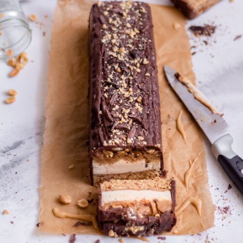 giant snickers bar on brown paper.