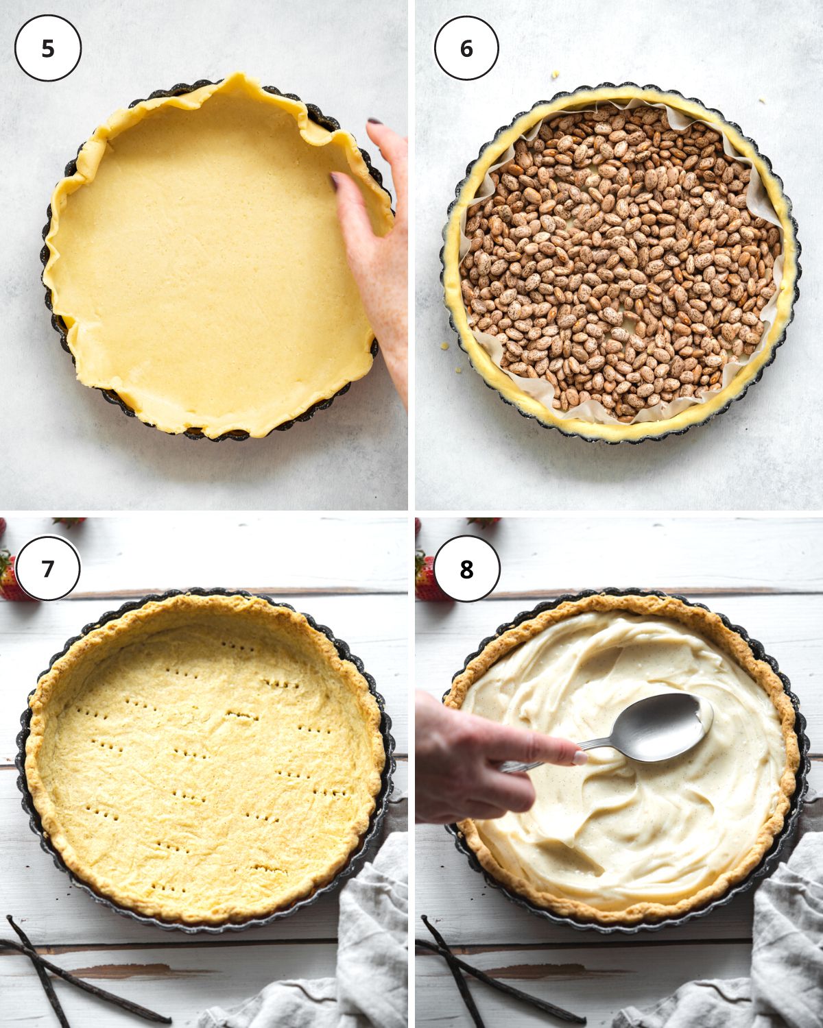 collage of pastry being placed into a tart tin and being filled with pastry cream.