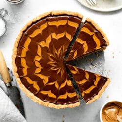 flatlay of chocolate tart swirled with peanut butter.