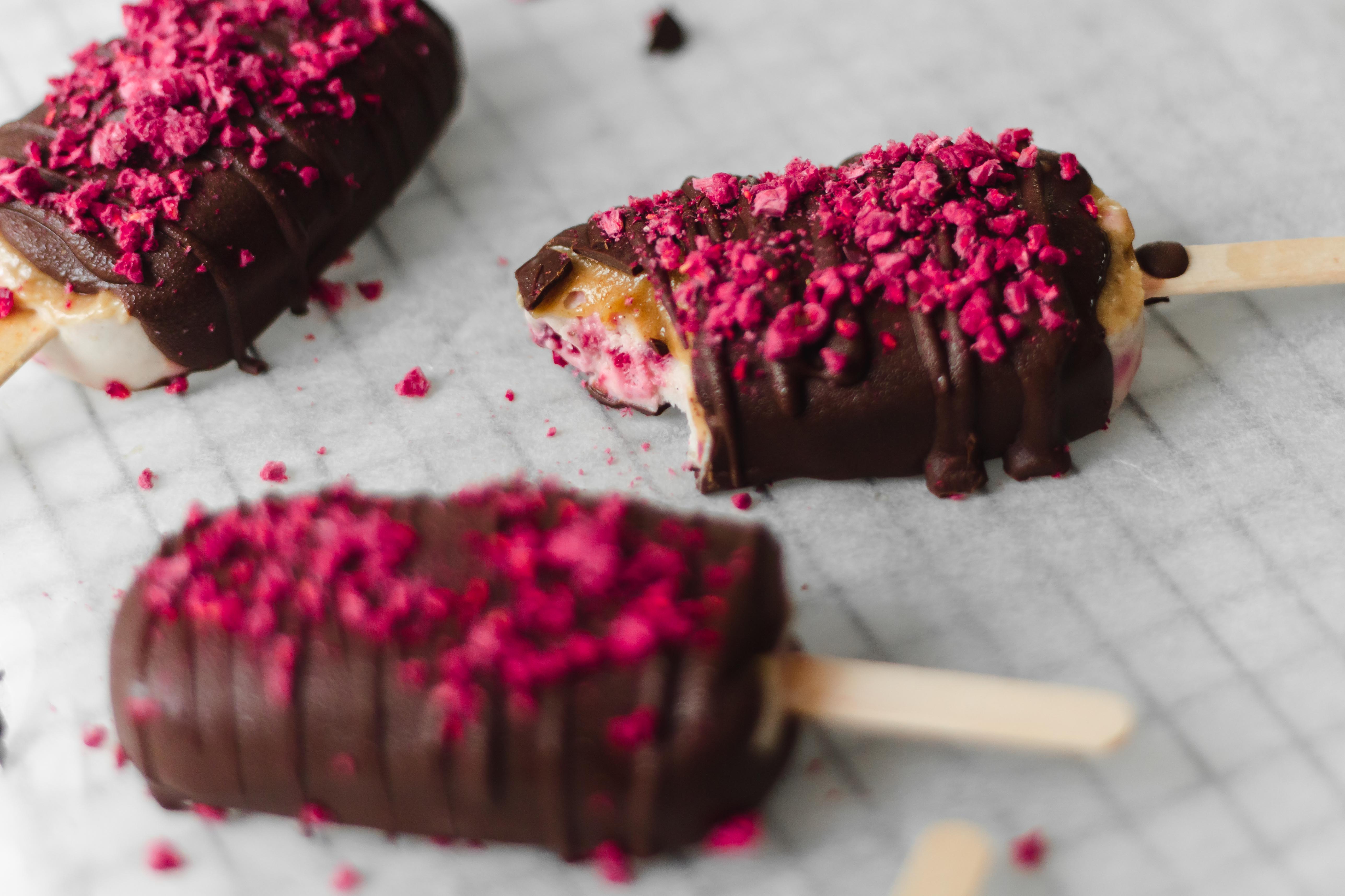 Chocolate covered raspberry ripple magnum icecream with salted caramel