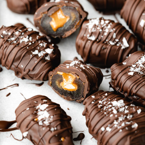 medjool dates stuffed with peanut butter and coated in chocolate and sea salt.