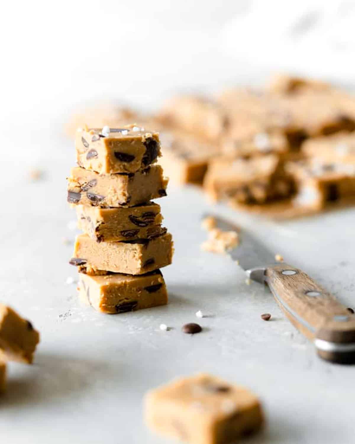 stack of vegan cookie dough fudge.
