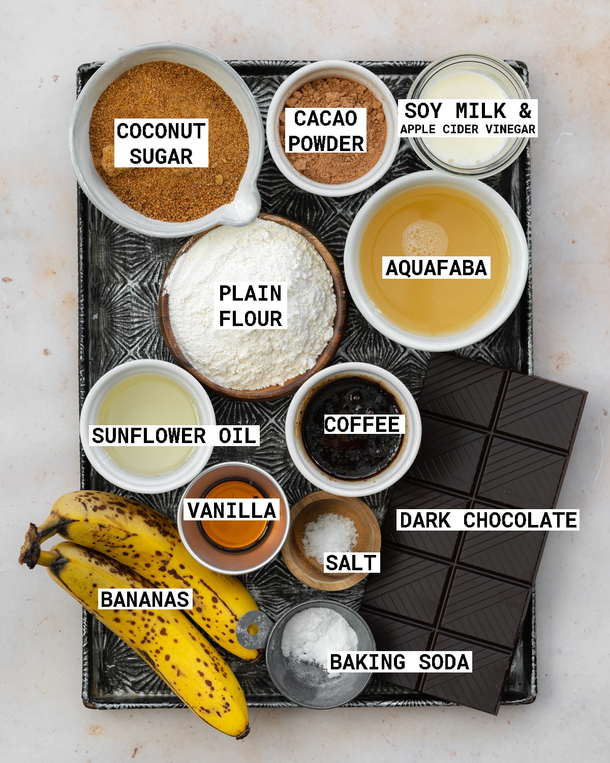 tray of ingredients to make banana brownies.