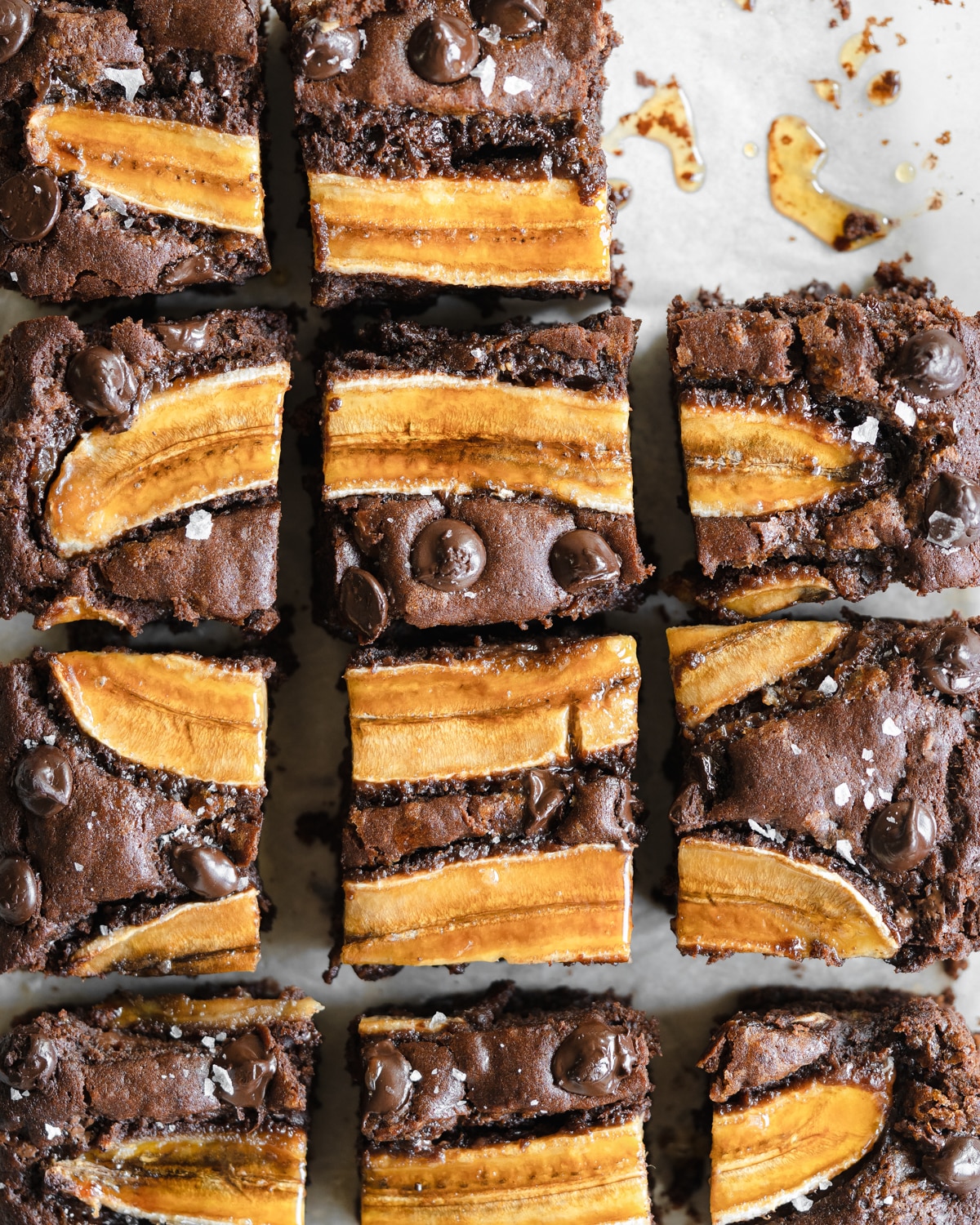 chocolate brownies with sliced banana topping.
