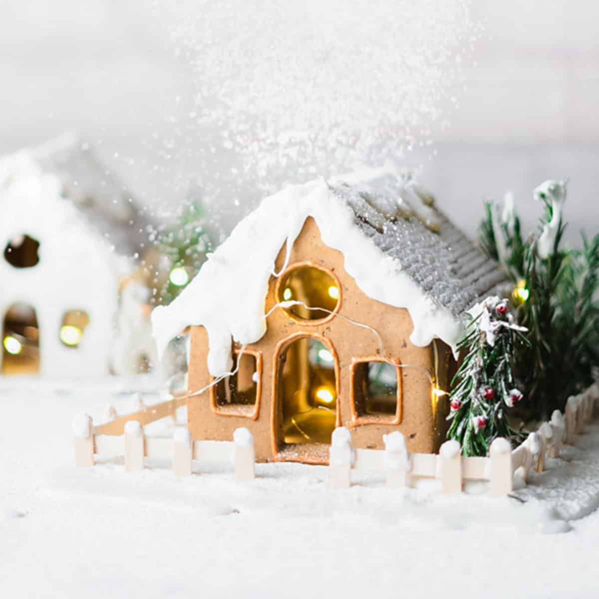 gingerbread house with snow.