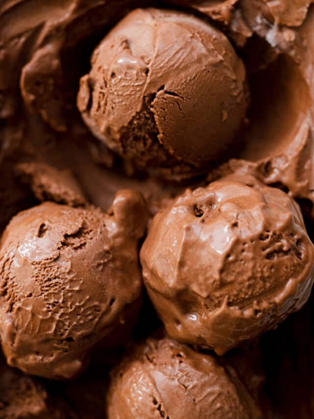 closeup of creamy no churn chocolate ice cream scoops.