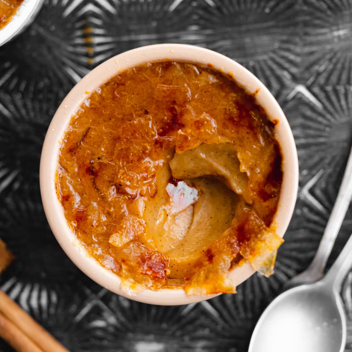 pumpkin creme brulee with cracked sugar topping.