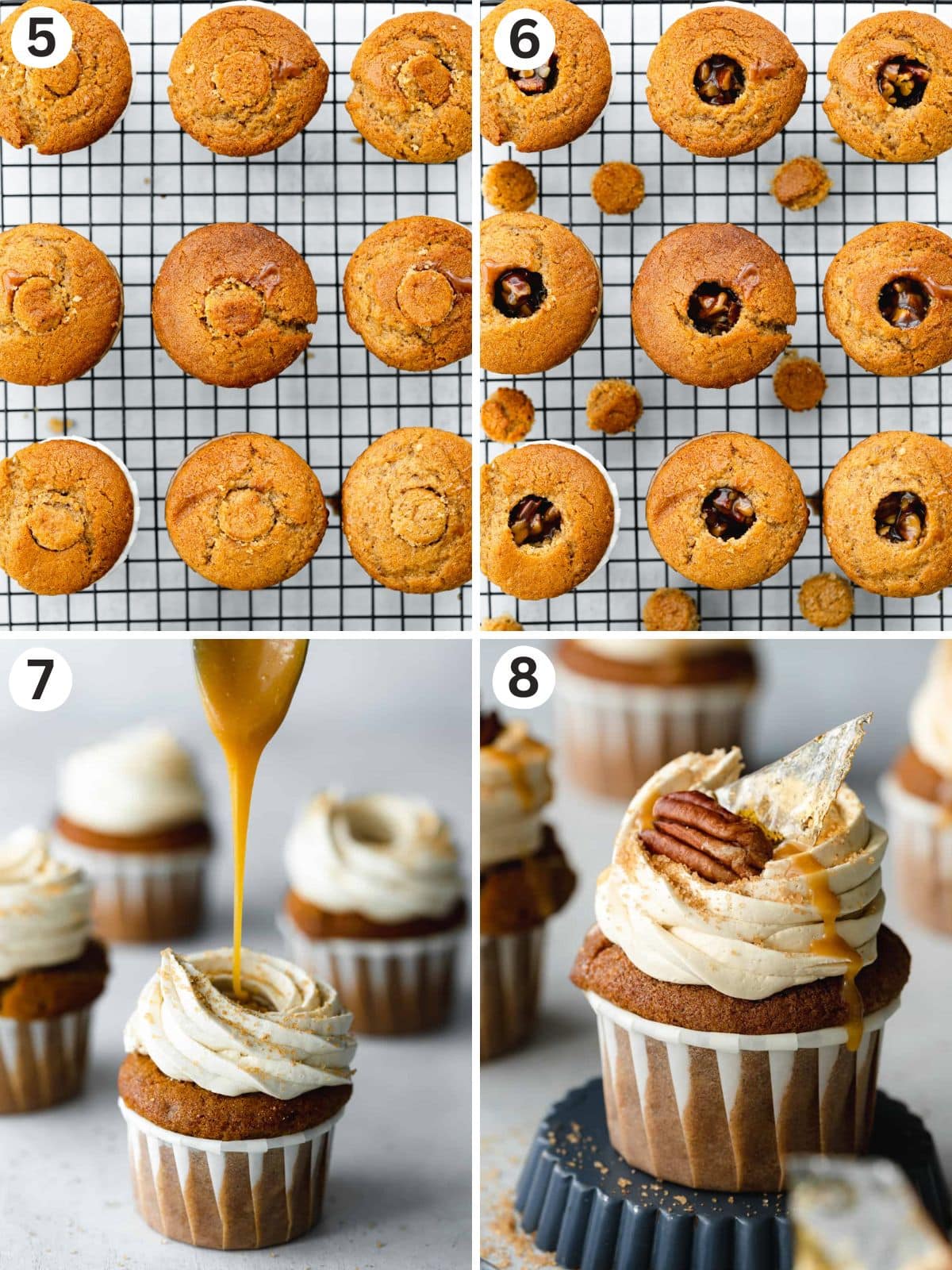 filling pecan cupcakes with caramel and topping with caramel buttercream.