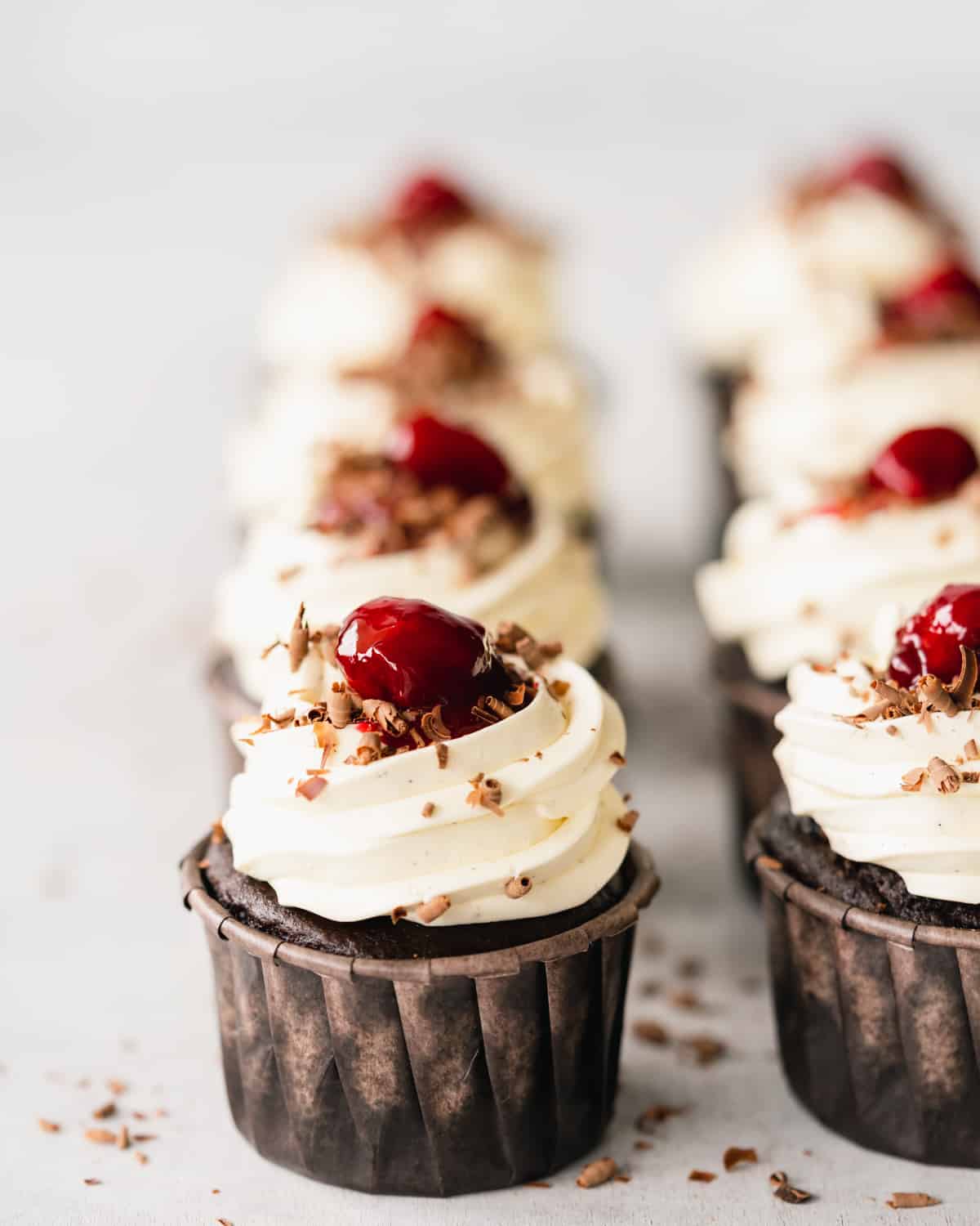 rows of black forest cupcakes.