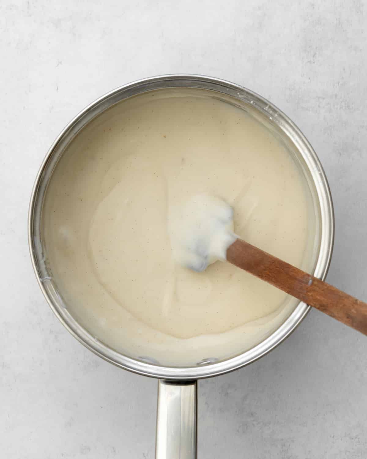 cooked custard for creme caramel in a saucepan.