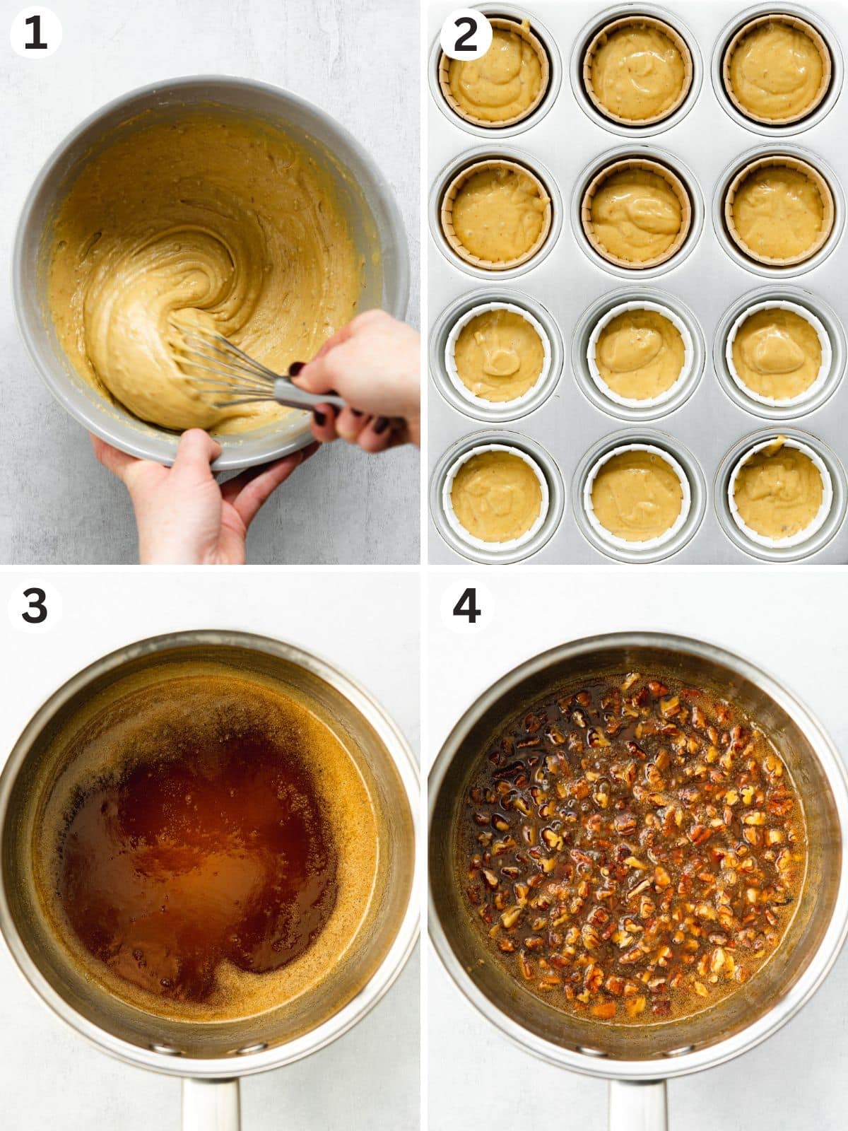 making pecan cupcake batter and caramel pecan filling in a saucepan.