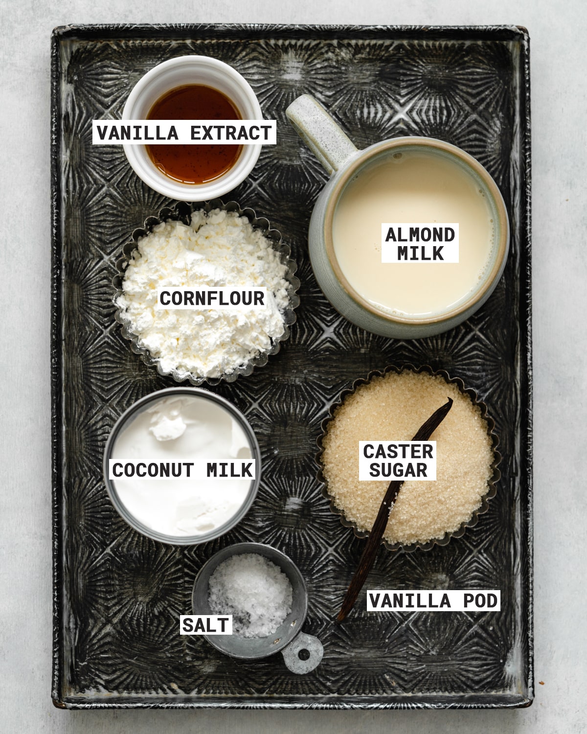 ingredients to make vegan creme brulee on a tray.