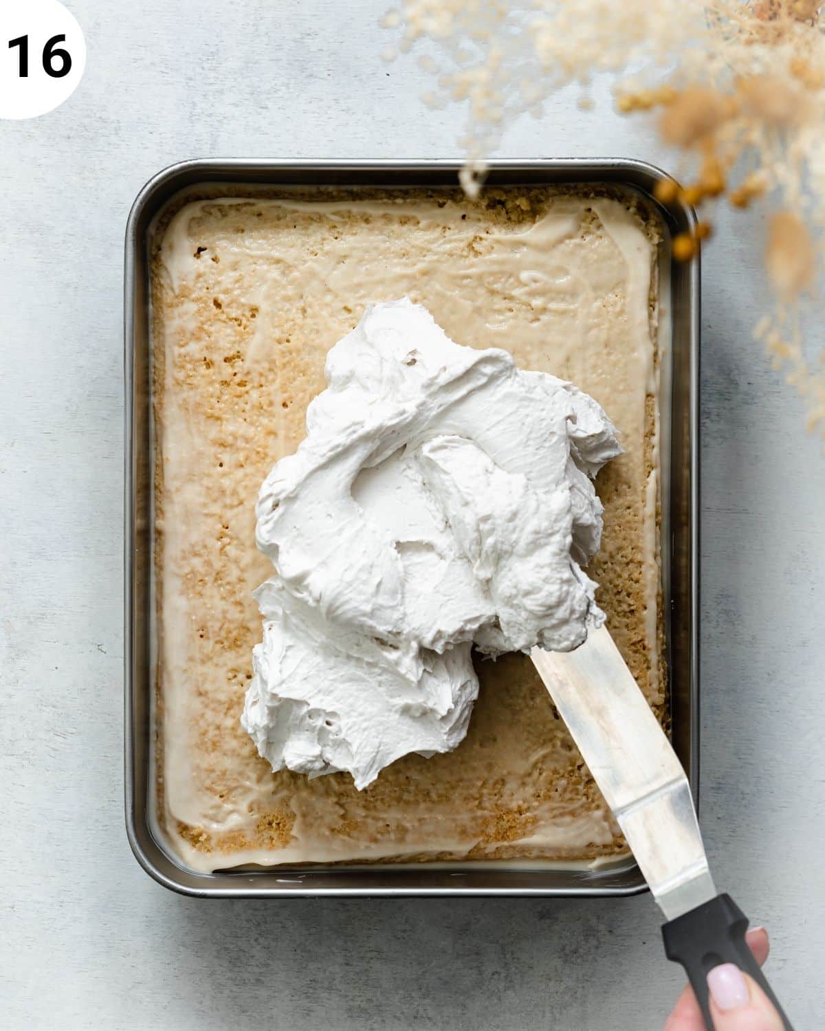 top down view of tres leches with coconut cream topping.