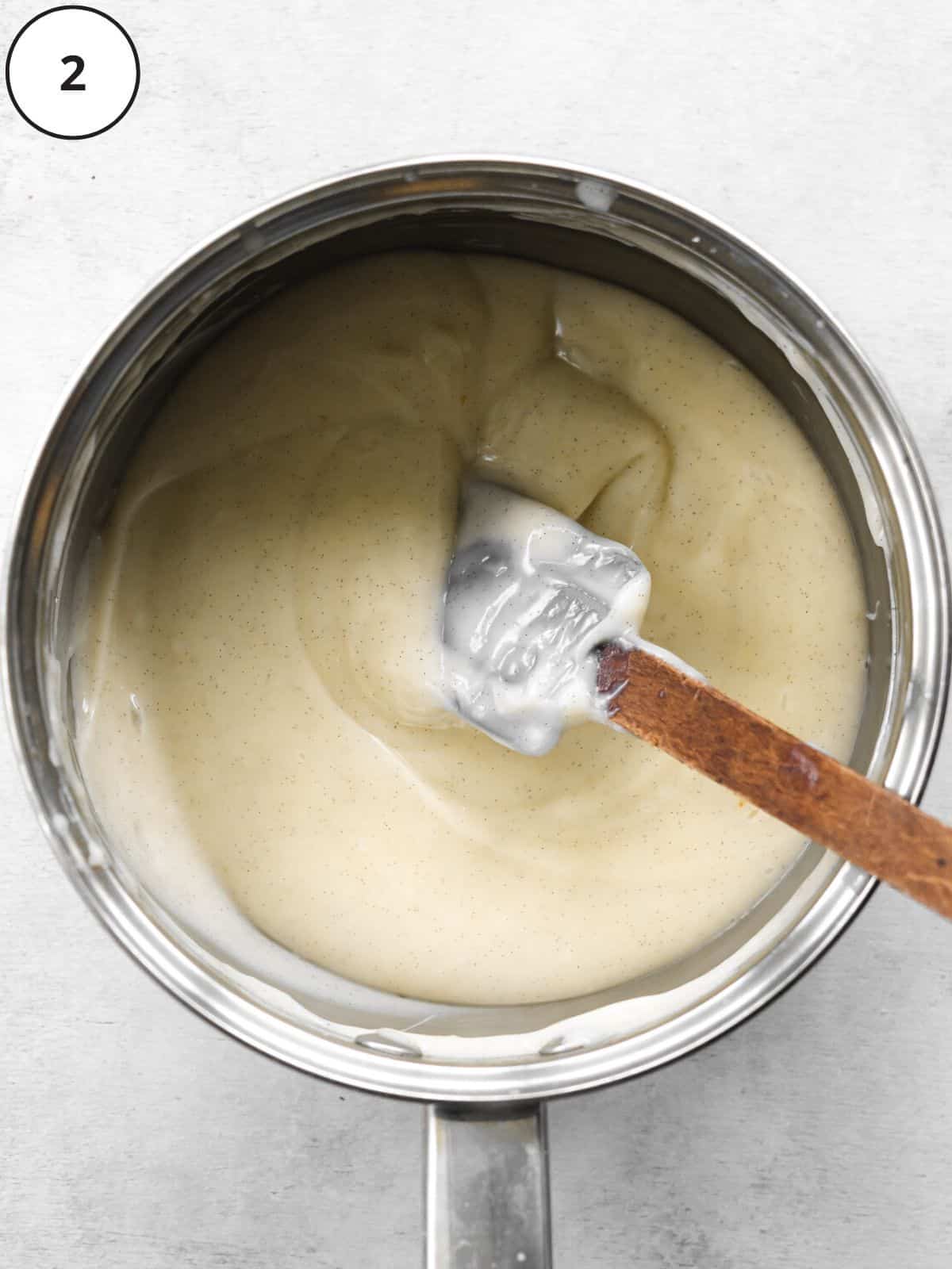 thick custard in a saucepan to make vegan ice cream.