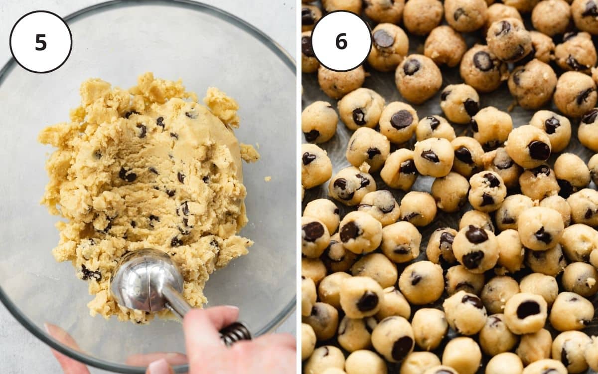 scooping edible cookie dough from a bowl using an ice cream scoop.