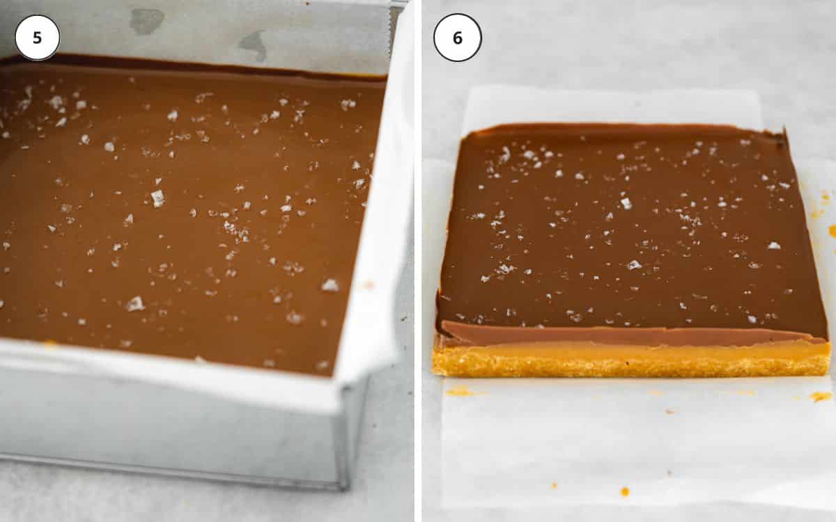 peanut butter chocolate slice inside and out of a lined square pan.