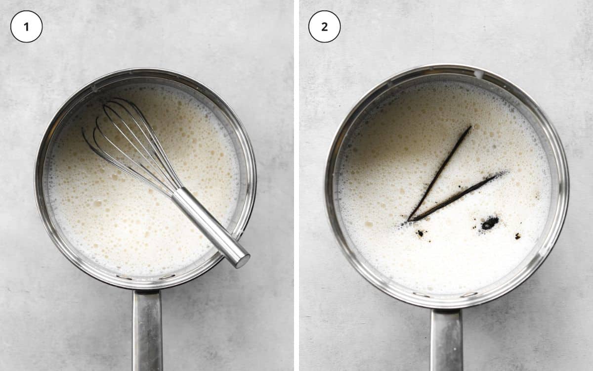 top down view of custard with vanilla pod in a saucepan.