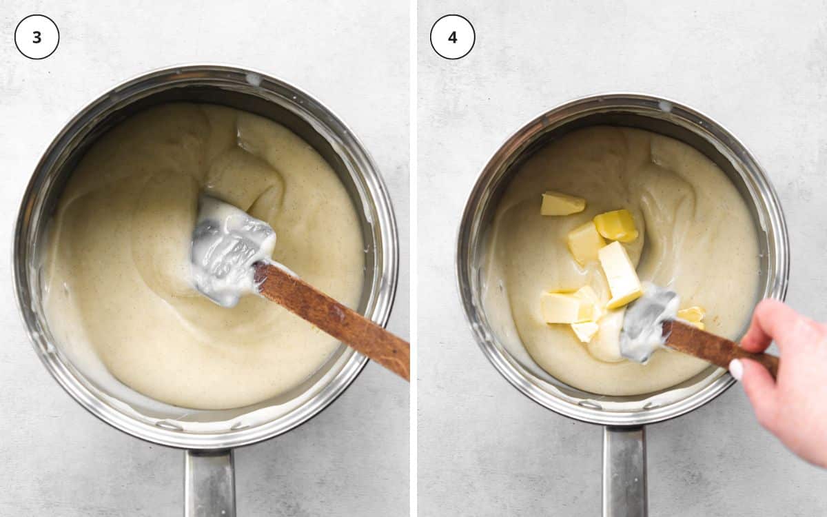 top down view of custard and a spatula in a saucepan.