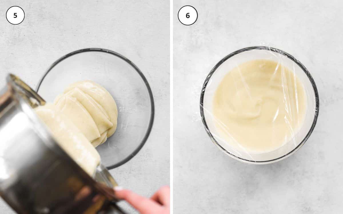 top down view of custard in a bowl covered with plastic wrap.