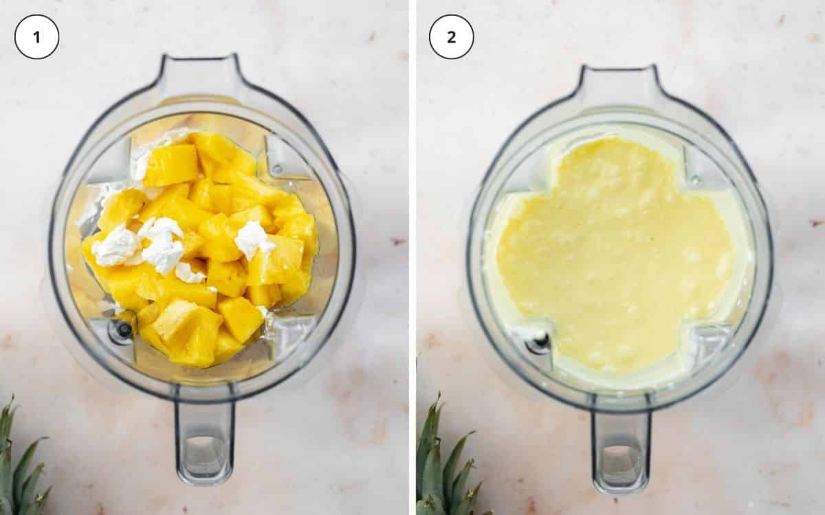 pineapple and coconut blended up in a blender.