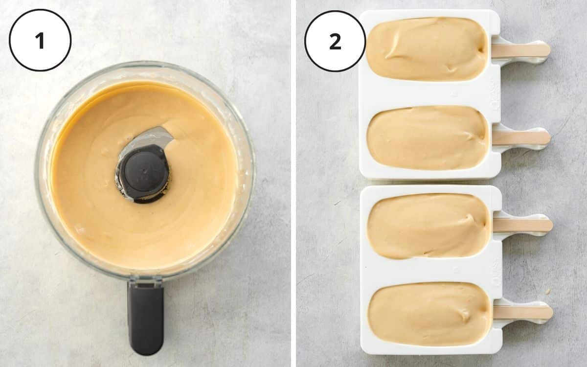 peanut butter ice cream in a food processor and in magnum silicone ice cream molds.