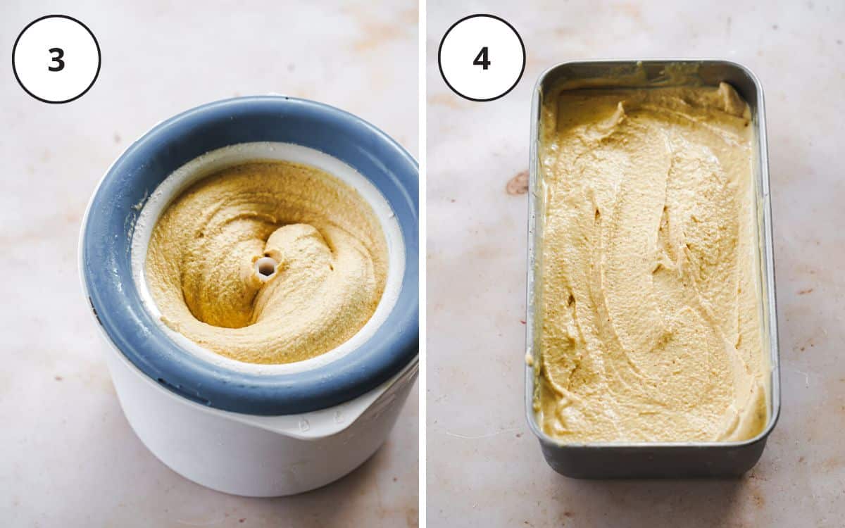 churned peanut butter ice cream in an ice cream maker and a loaf pan filled with peanut butter ice cream.