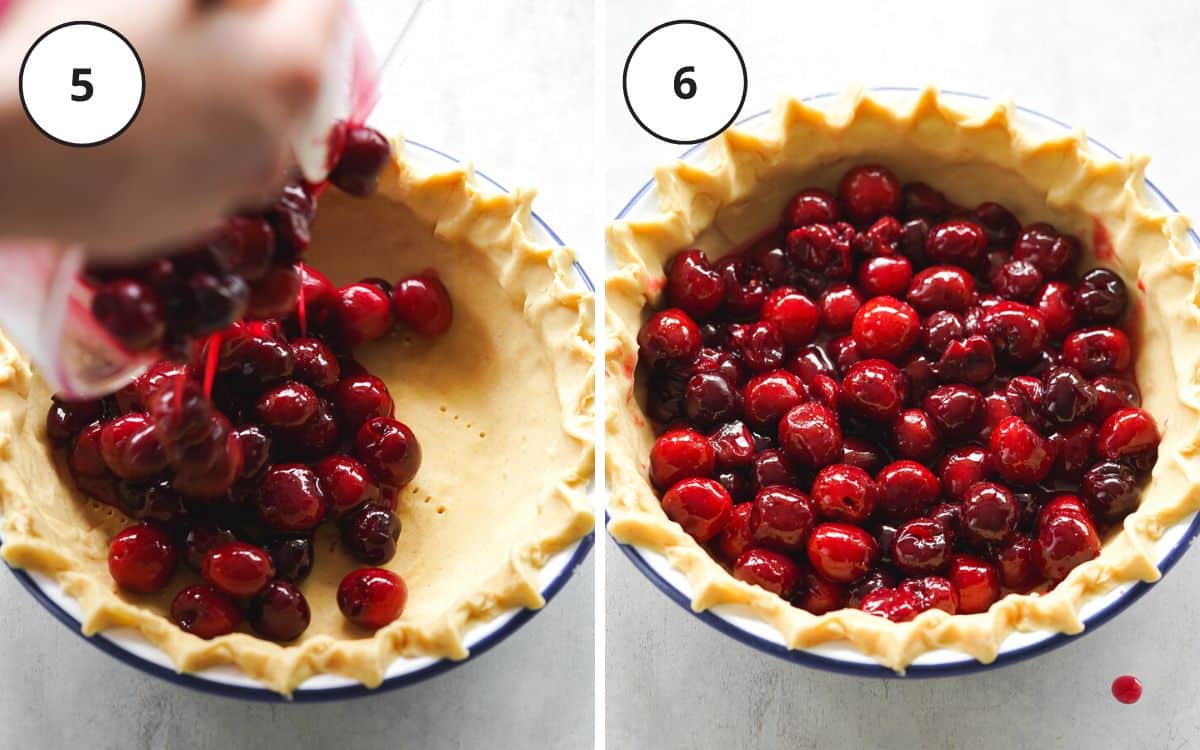 adding cherry pie filling to a pie crust.