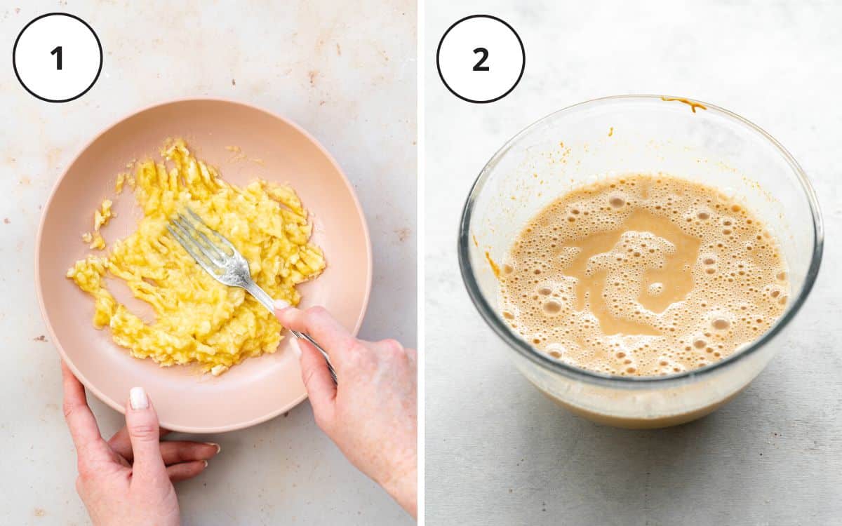 mashing banana and mixing wet ingredients for chocolate muffins in a clear bowl.