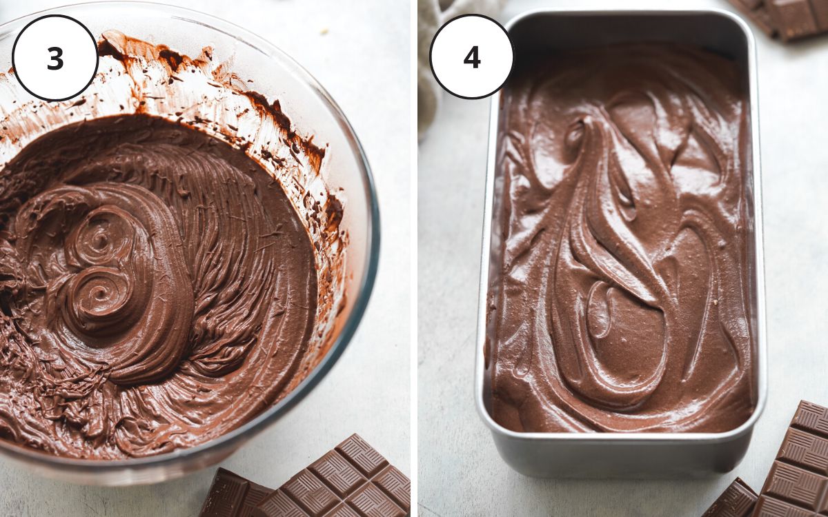 chocolate ice cream in a large clear bowl and in a loaf pan.