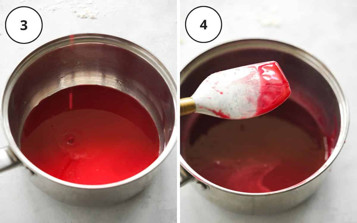 cherry juice in a saucepan, thickened with cornstarch.