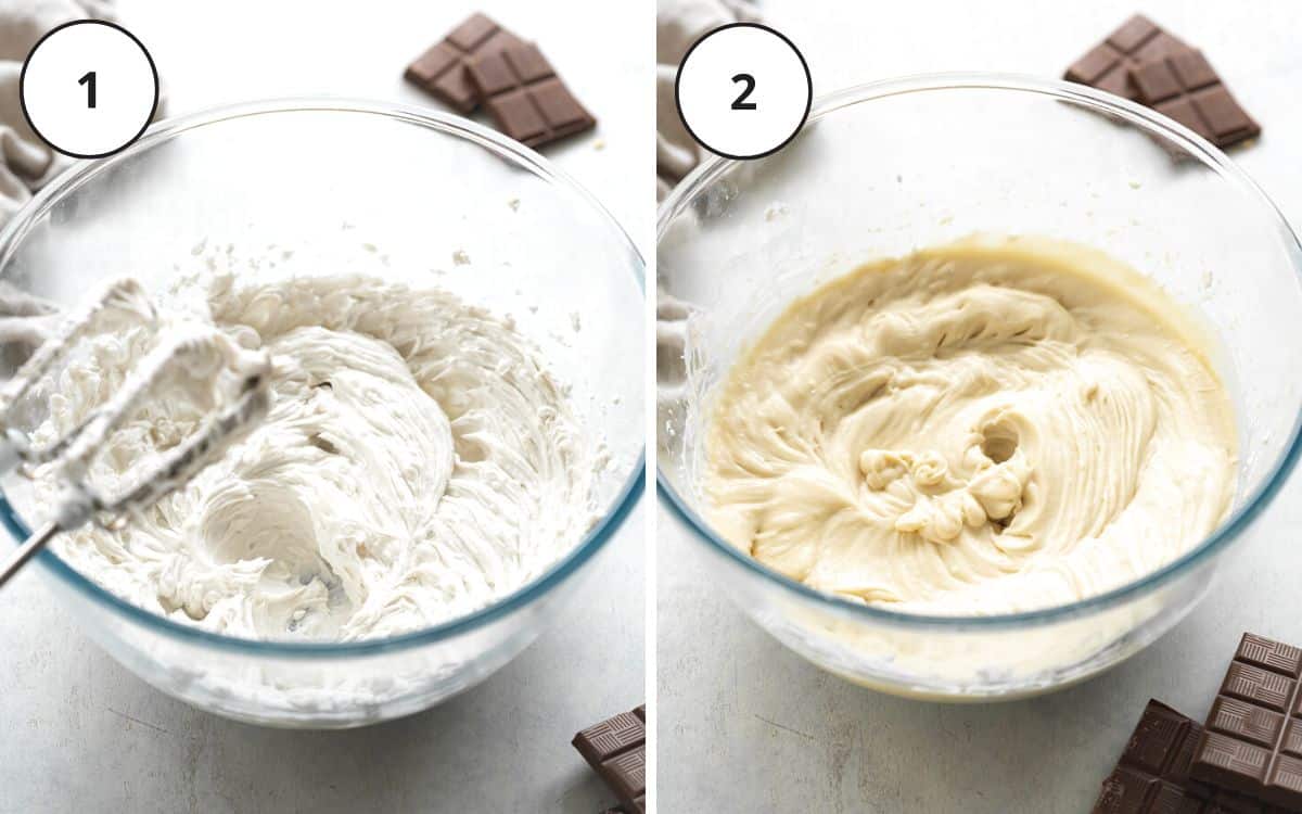 whisking coconut cream and vegan condensed milk in a large clear bowl.