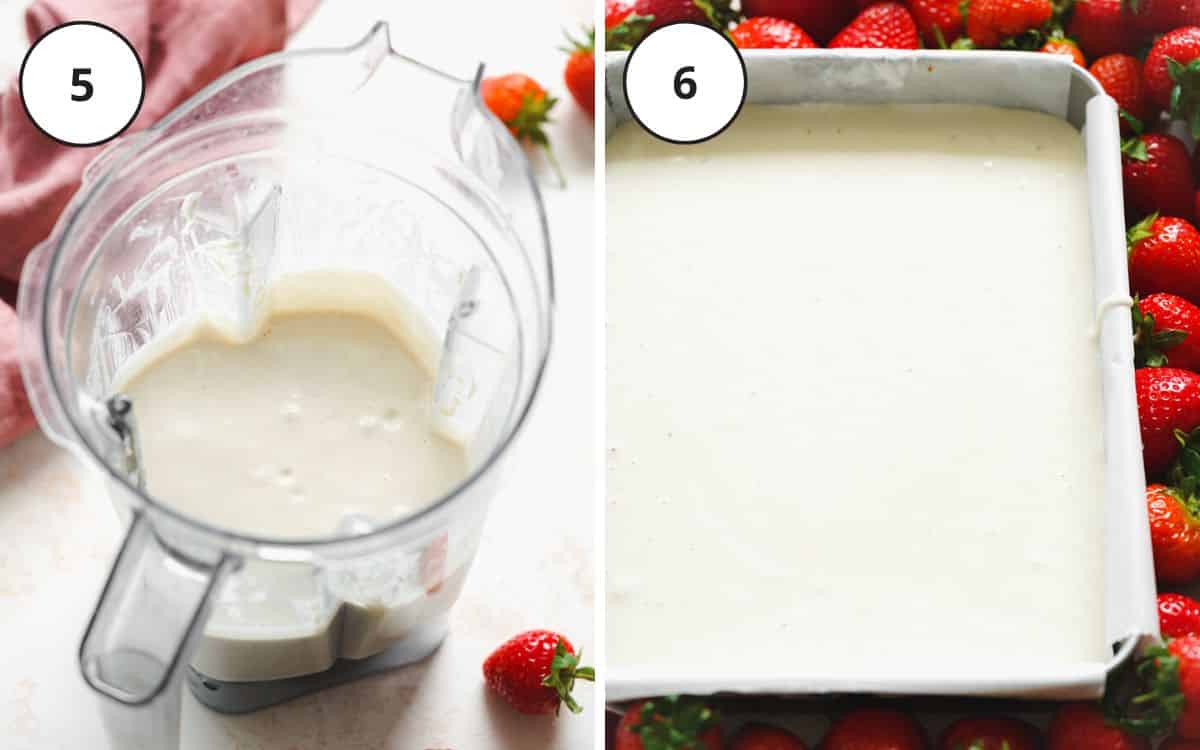 cheesecake filling in a blender and in a lined cake pan with strawberries scattered around it.