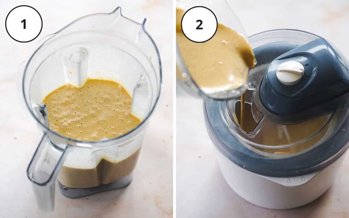 peanut butter ice cream in a blender and being poured into an ice cream maker. 