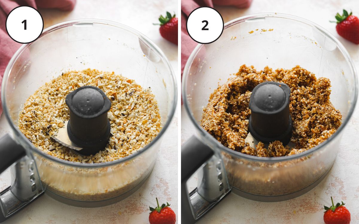 cheesecake crust ingredients in a food processor.