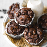 vegan chocolate muffins with chocolate chips on a plate with a jug of milk.
