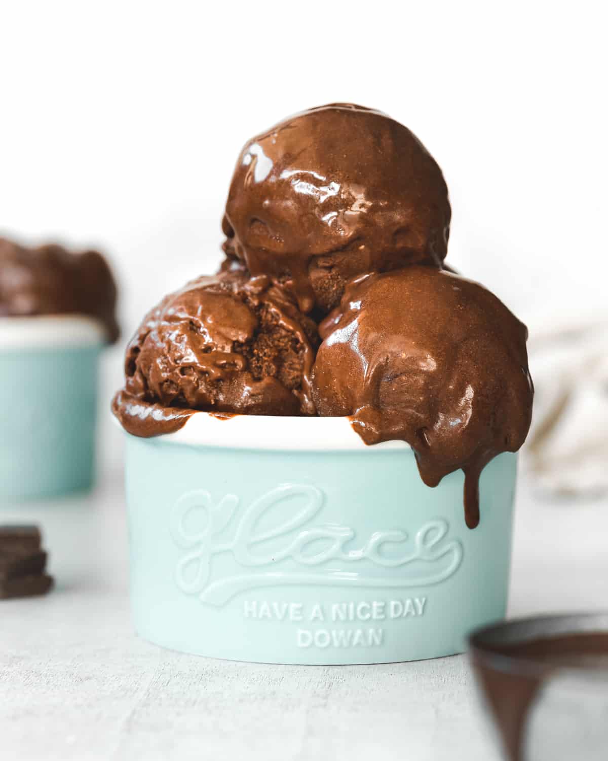 chocolate ice cream in a ceramic bowl.