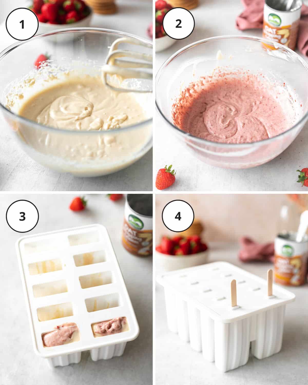 whisking ingredients for strawberry shortcake ice cream in a bowl, and pouring ice cream mixture into popsicle molds.