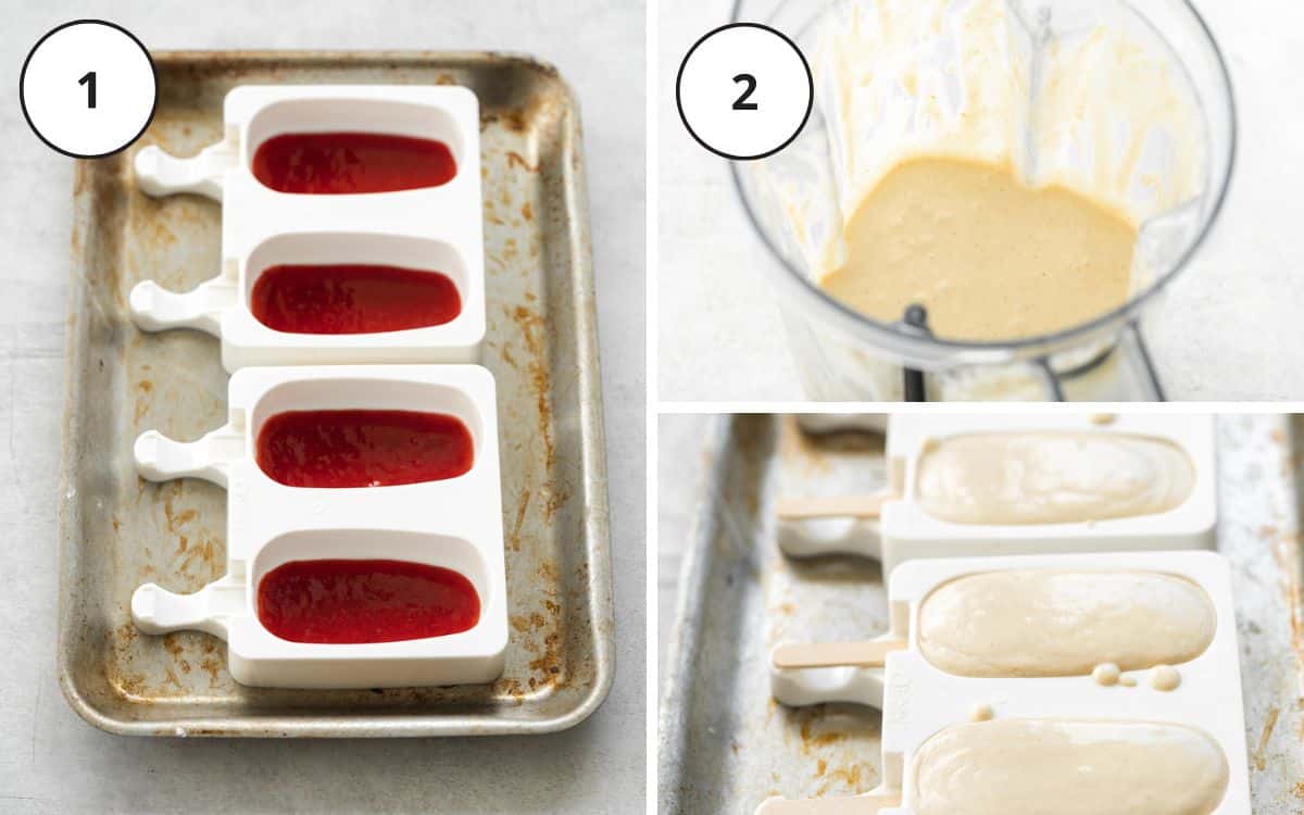 adding strawberry coulis and ice cream to a silicone mold.