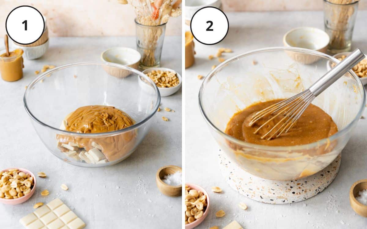 peanut butter, condensed milk and white chocolate melted in a glass mixing bowl.