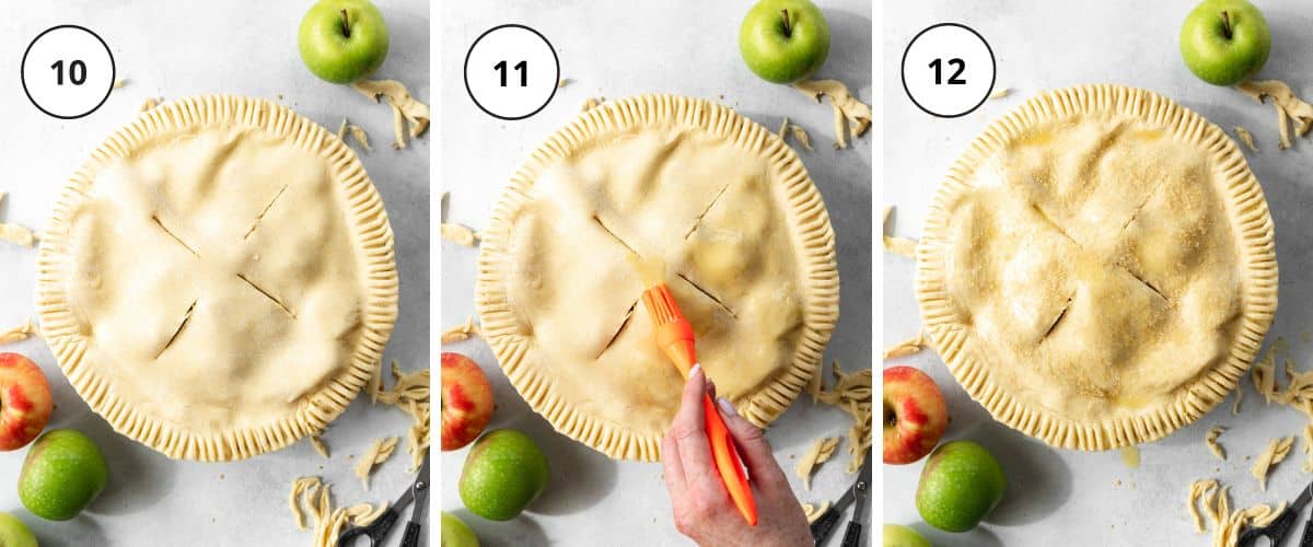adding pastry to the top of an apple pie and brushing it with melted butter.