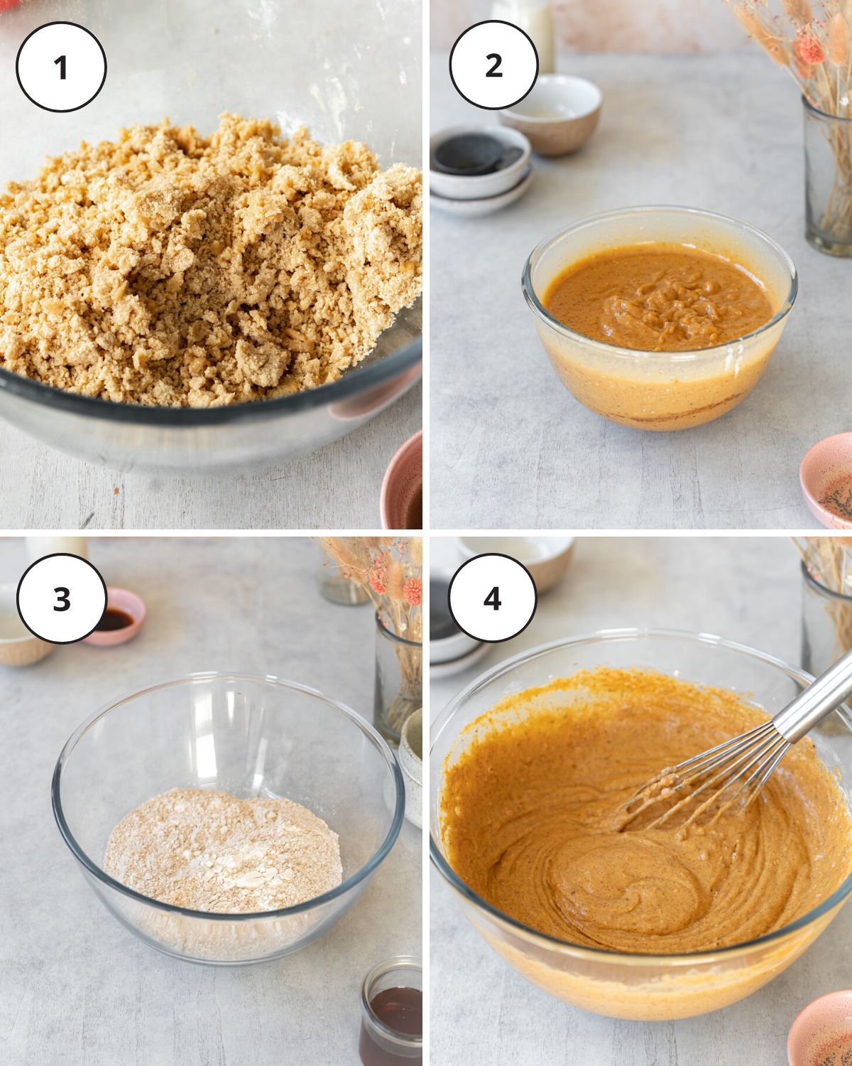 mixing ingredients in a bowl for pumpkin muffin batter.