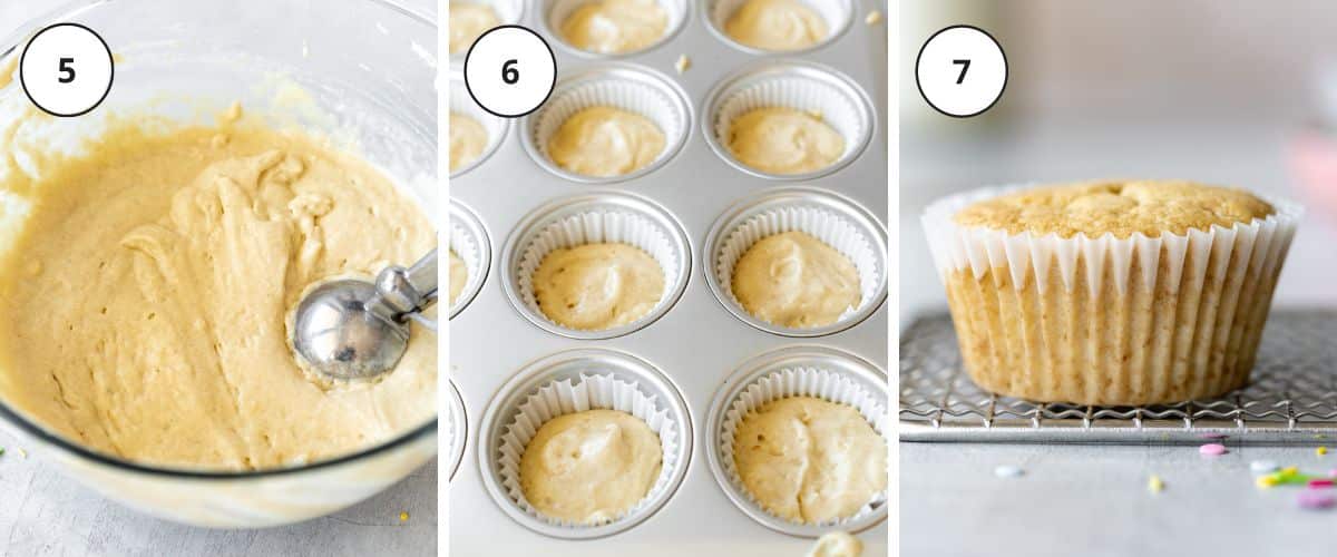 adding vanilla cupcake batter to a muffin tray and cooling a cupcake on a wire rack.