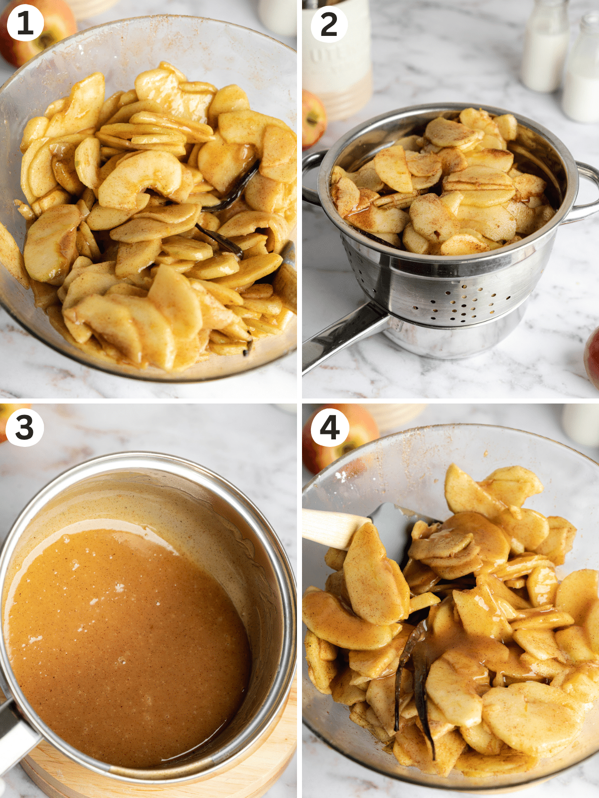 steps showing how to make the filling for apple pie.
