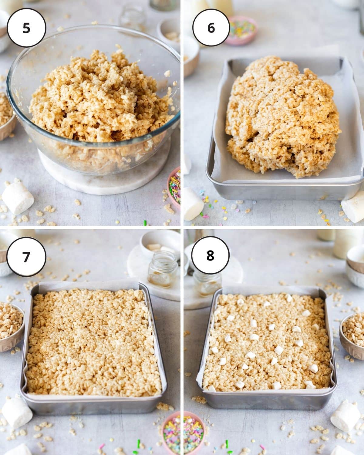 pressing rice krispie treats into a lined pan.