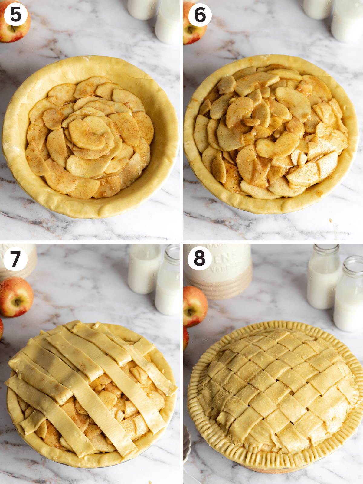 steps showing how to assemble an apple pie.