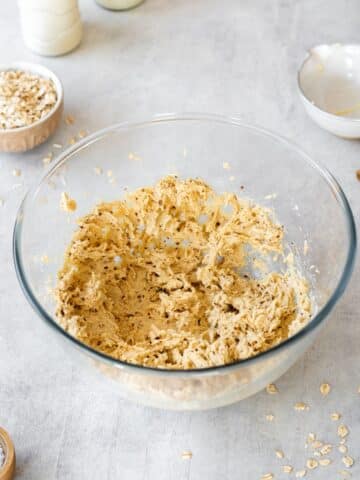 vegan butter, sugar, vanilla and a flax egg whisked in a bowl.