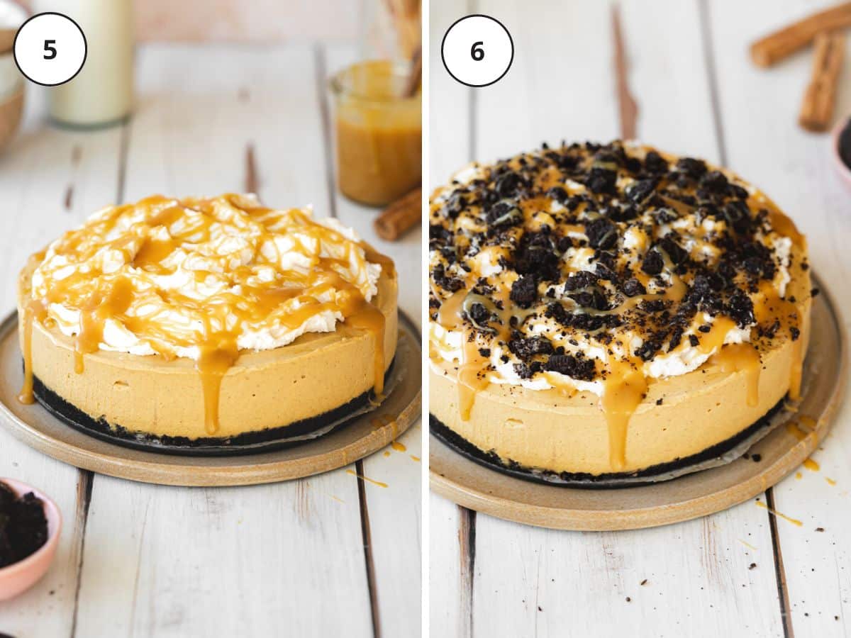 pumpkin cheesecake topped with coconut cream, caramel sauce, and crushed oreos on a white wooden surface.