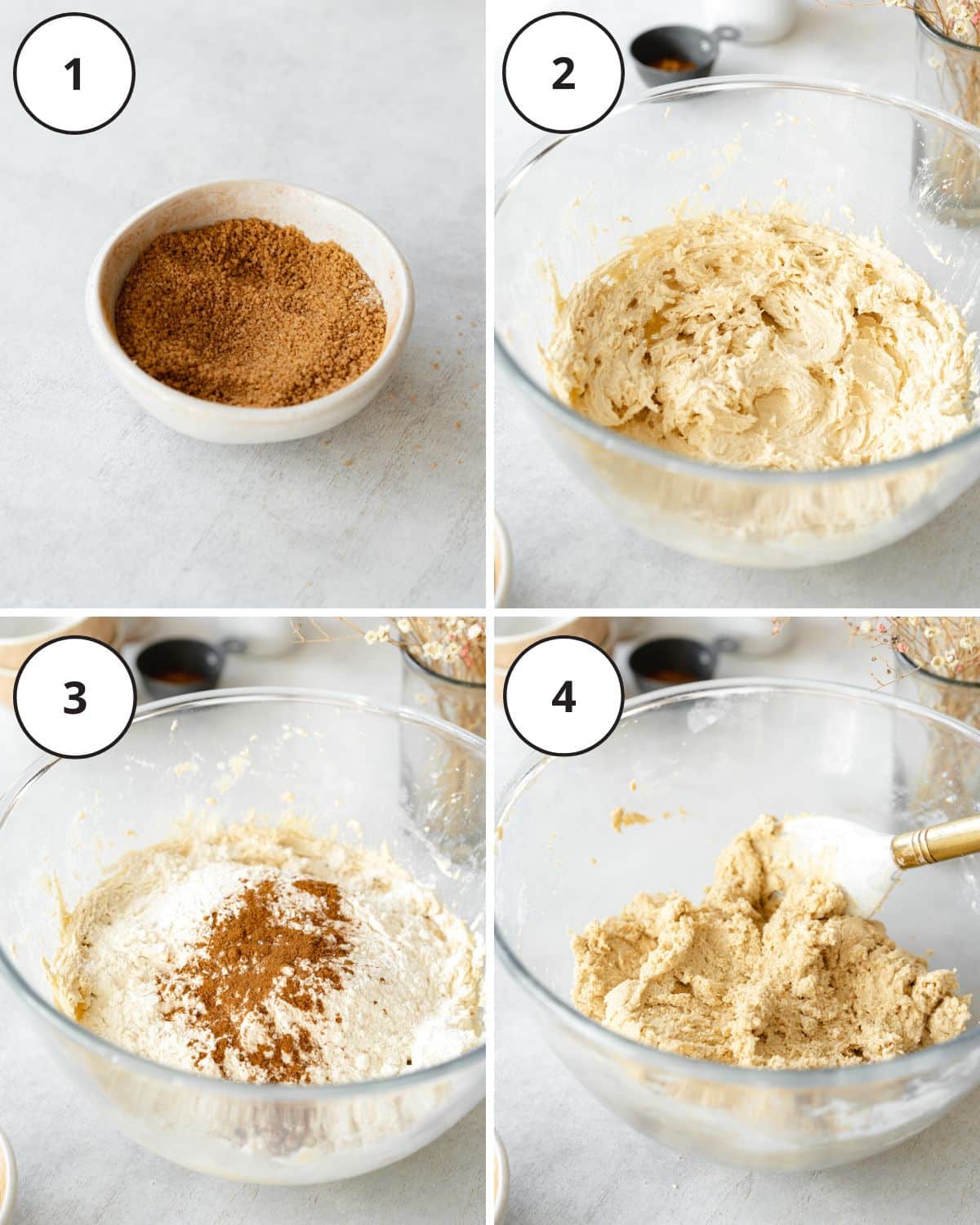 mixing vegan butter, flour, and cinnamon in a large clear mixing bowl.