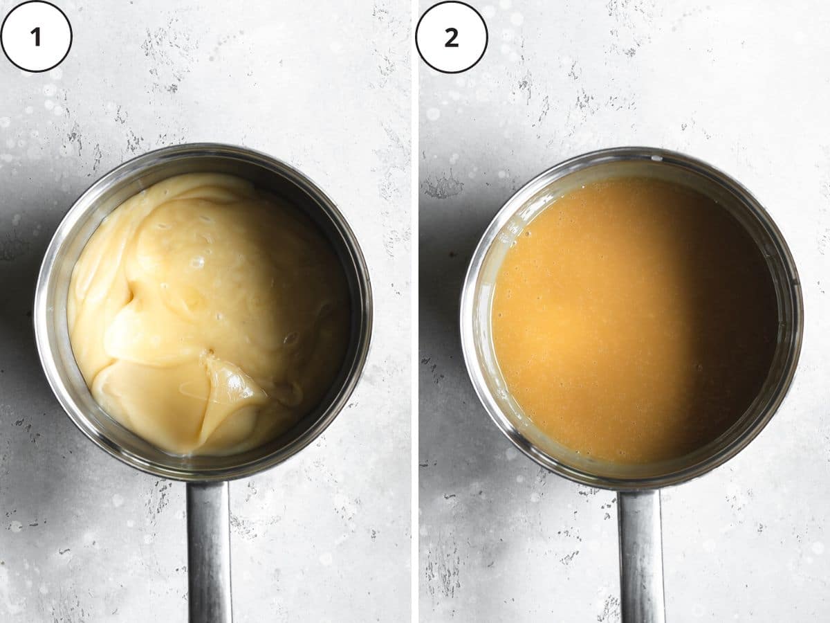vegan condensed milk in a saucepan.