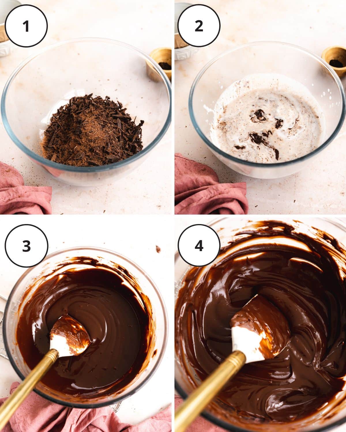 chopped chocolate and coconut cream in a clear bowl with a spatula.